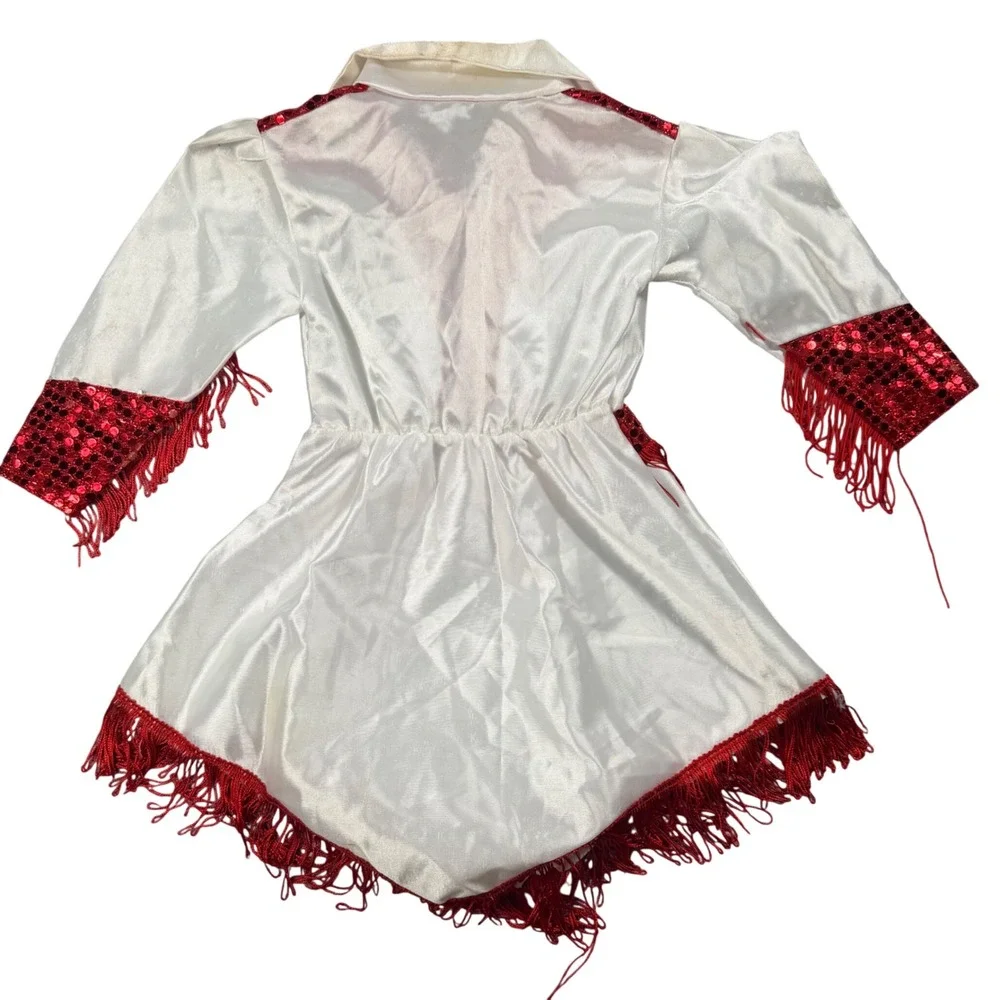 Vintage Western Dance Costume Girls White Red Sequin Fringe Performance Dress